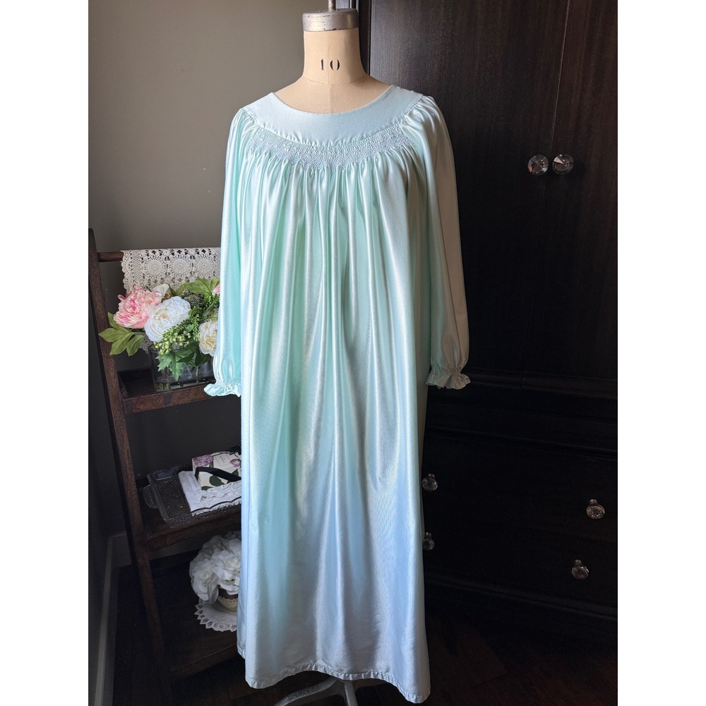 Vintage Robin Egg Blue Nightgown Smocked Yoke Long Sleeve Ruffle Cuffs Romantic